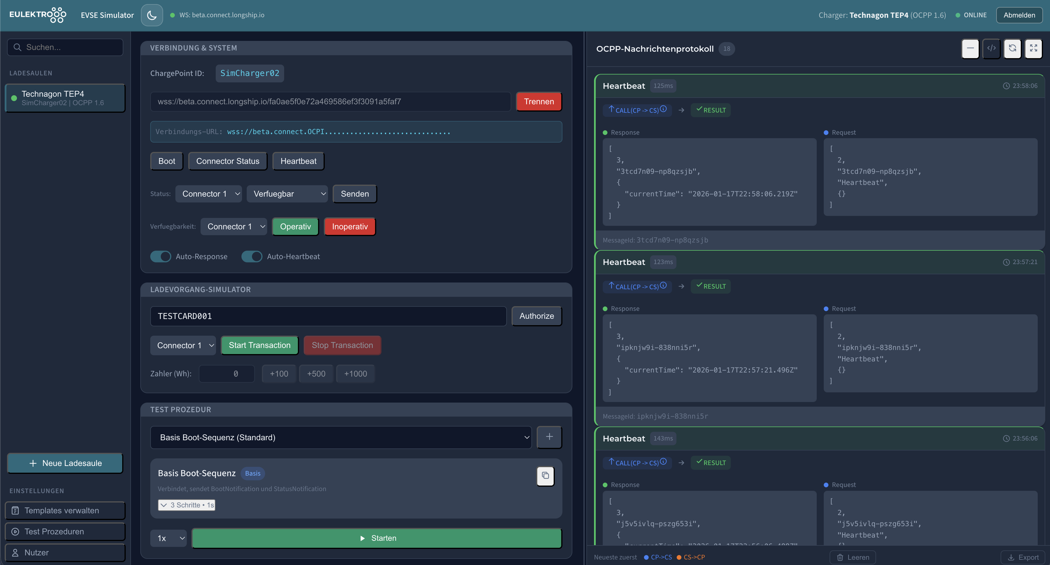 EVSE Simulator Dashboard - OCPP Kommunikation in Echtzeit